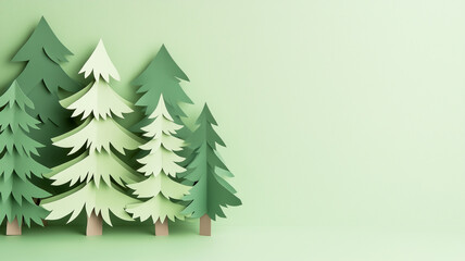 Paper cut coniferous trees in spring forest with copy space, environmental protection concept