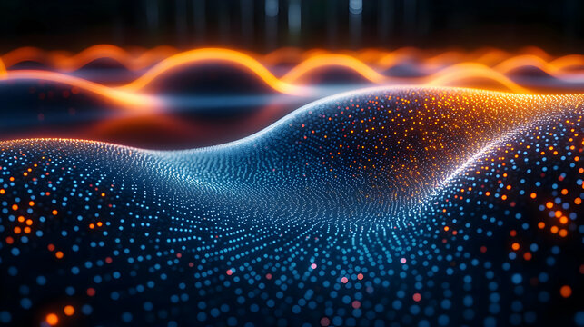 Abstract Glowing Waves of Blue and Orange Energy Particles Digital Background