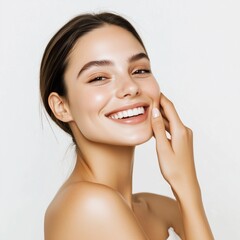 Young woman with satisfaction emotion skincare beauty concept