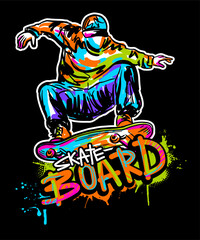 Urban style modern t-shirt  design with boy on skateboard. Sport extreme grunge  illustration for guys on black background. Graffiti words and street art