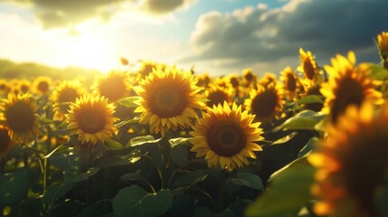 Obraz premium Golden Hour Sunflowers: A Serene Sunset Field