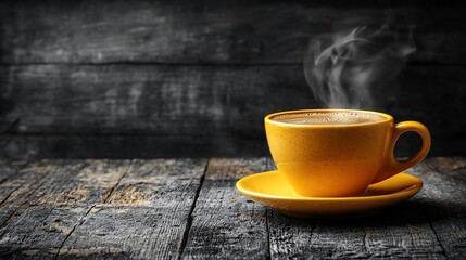 Obraz premium Steaming coffee in a yellow cup on rustic wood.