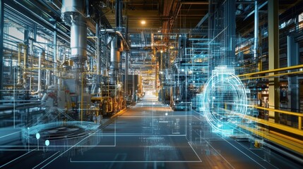 Fototapeta premium Modern industrial factory featuring augmented reality and digital twin technology, enhancing monitoring, control, and automation processes, optimizing efficiency and productivity in manufacturing