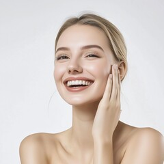 Young woman with satisfaction emotion skincare beauty concept