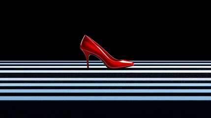 Horizontal banner featuring an empty street with a single red shoe, a haunting metaphor for violence against women, abstract representation, awareness campaign