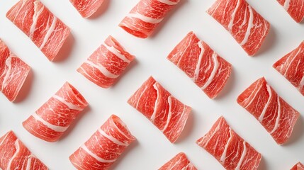 Isolated slices of cured lard with intricate fat and meat patterns on a minimal white background, culinary art emphasis, commercial food focus