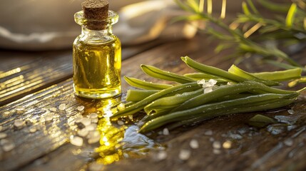 Close-up of freshly canned green beans in glass jars, arranged on a rustic wooden shelf with a warm golden glow, vintage, high-resolution DSLR photography