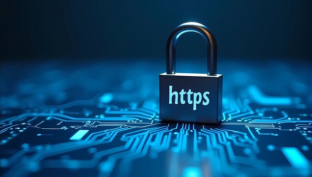 Close of "Https" text written in padlock stand on blue circuit board background, SEO term for a safe encrypted connection on Internet with SSL certificate. Secure browsing and online safety concept 