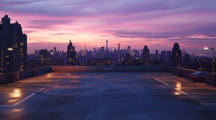 Obraz premium An urban rooftop parking area offering a panoramic view of the city skyline at sunset