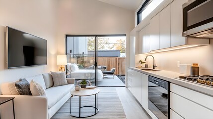 Fototapeta premium Studio with space-saving furniture, trendy and functional design, urban living