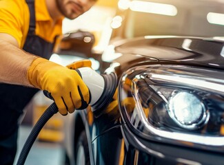 Professional Car Detailing Service with Worker Polishing Vehicle in Auto Shop Environment