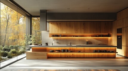Interior Photograph of Modern Minimalistic Kitchen with Warm Lighting and Natural Wood Accents