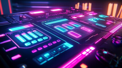 Obraz premium A vibrant holographic color palette rendered as a futuristic digital interface, glowing lines connecting each hue; high-tech neon style, sharp contrast