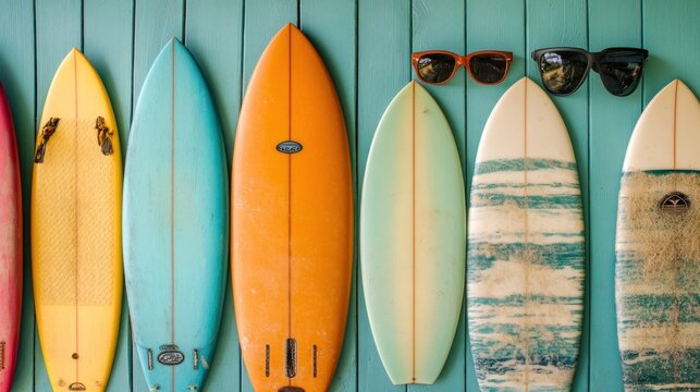 Colorful surfboards lined up against teal wall with sunglasses; beach shop display
