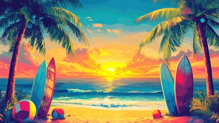 Colorful sunset beach scene with surfboards and beach balls
