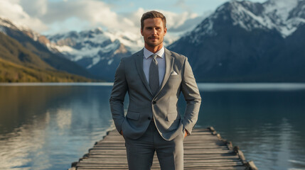 Fototapeta premium Successful man in a gray suit, standing on a wooden pier with a serene lake and snow-capped mountains in the background