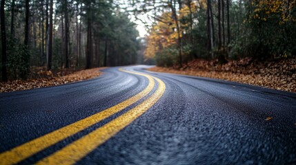 Obraz premium Scenic Winding Road Through Vibrant Autumn Forest with Colorful Foliage in Serene Nature Landscape – Tranquil Fall Season Travel Destination