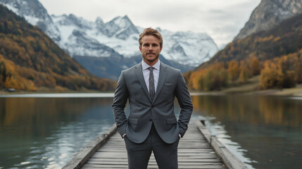 Fototapeta premium Successful man in a gray suit, standing on a wooden pier with a serene lake and snow-capped mountains in the background