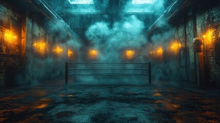 Naklejka premium Dramatic boxing ring illuminated by spotlight in dark moody atmosphere with fog hyper-realistic