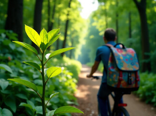 A young plant with a backpack hikes through a lush forest, holding a vibrant apple and looking up at the tall trees on a scenic trail.  Depth of field,  mood of tranquility, vibrant lighting,  and an 