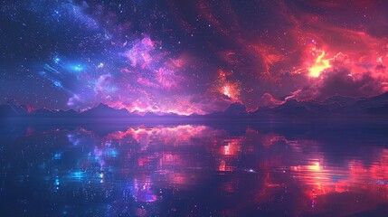 Fototapeta premium Colorful_northern_lights_in_the_sky_over_water_