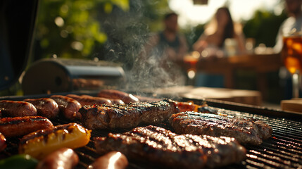 Obraz premium barbecue grill with steaks and sausages at a backyard summer gathering