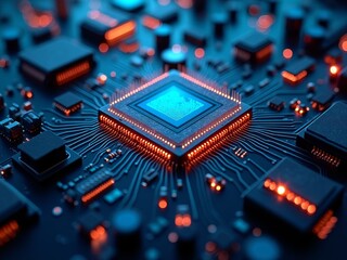 Fototapeta premium A microchip with a blue center and red lights, surrounded by circuitry