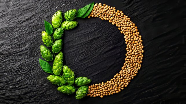 Organic hops and malt arranged in a circular pattern on a dark stone background, symbolizing tradition and craftsmanship in beer brewing