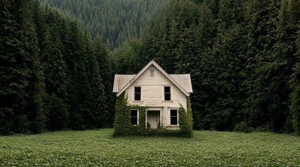 Overgrown abandoned house with ivy-covered walls, nestled in a shadowy forest clearing, a haunting yet serene scene