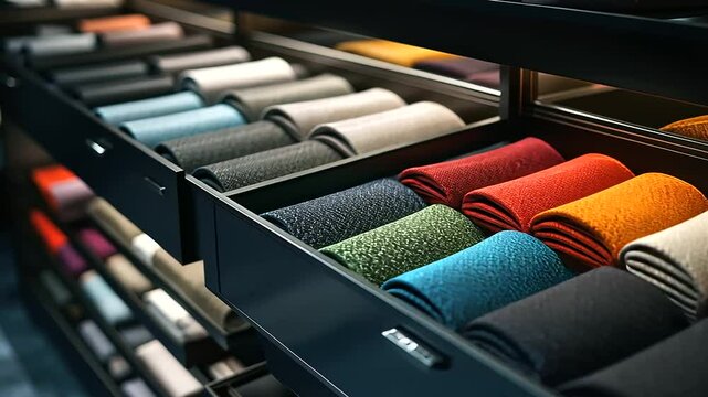 A sleek storage drawer featuring rows of color-coordinated clothes, perfectly folded and categorized by type, demonstrating an effective organizational method.