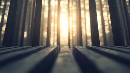 Empty wooden bench in a sunlit forest.