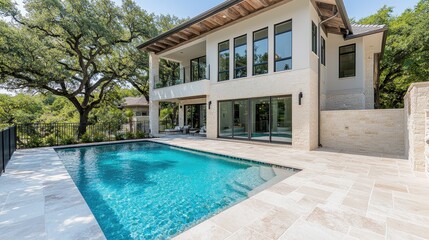 Fototapeta premium Modern luxury house with a sparkling blue swimming pool in a sunny backyard surrounded by green trees.