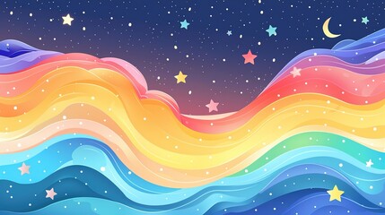 Naklejka premium Cute_starry_sky_background_with_colorful_waves