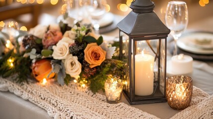 Cozy centerpiece with knitted table runners, vintage lanterns, and warm fairy light details