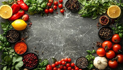 Colorful frame fresh vegetables, fruits, and spices on marble with space for text, perfect for food-themed designs