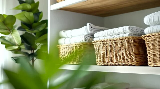 A tidy and modern home with shelves holding wicker baskets and fabric storage boxes, showcasing a practical solution for organizing clothes and linens.