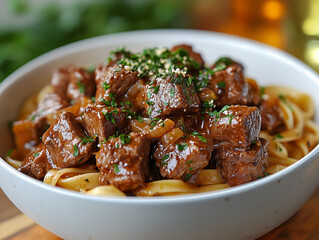 Beef Stew with Pasta in White Bowl