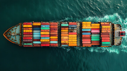 Obraz premium Aerial View of a Cargo Ship Packed with Colorful Shipping Containers on Open Waters