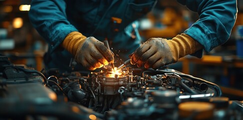 Mechanic Working on Car Engine in Workshop with Tools and Warm Lighting