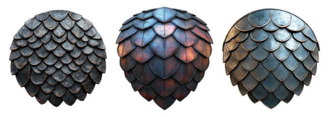 Detailed Scaled Shield Designs Isolated on Transparent Background