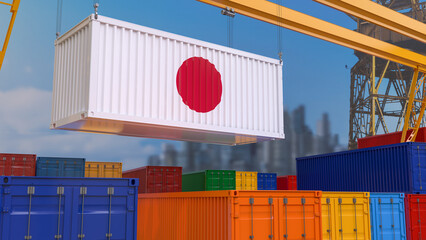 3D rendering of a shipping container with the Japanese flag suspended from a crane in a port dock.