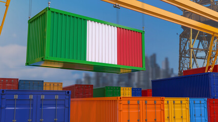 3D rendering of a shipping container with the Italian flag suspended from a crane in a port dock.