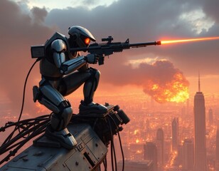 Fototapeta premium Advanced Sniper Amidst Urban Destruction
