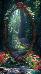 Obraz premium Ornate Mirror Reflecting A Magical Forest Garden