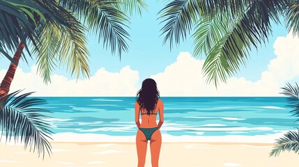 Serene Image of Woman Standing Under Palm Tree by the Sea