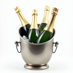 Chilled, sparkling wine in a silver bucket with ice