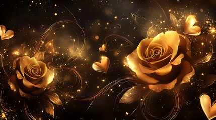 Elegant golden roses intertwined with sparkling hearts and abstract swirls on a luxurious dark backdrop