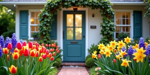 Fototapeta premium Vibrant tulips and daffodils in a lush garden setting