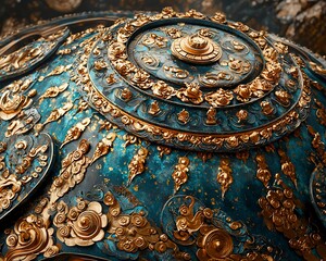 Fototapeta premium Teal and gold ornate spherical surface detail.