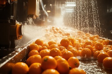 Oranges being washed on a conveyor belt in a factory. This image depicts the industrial process of cleaning oranges for juice production or distribution.